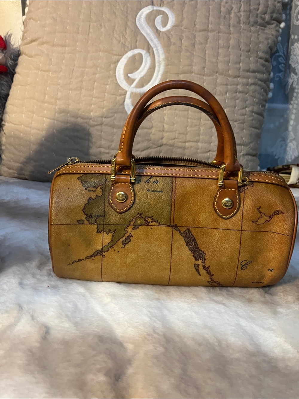 Alviero Martini Brown Tan Map-Print Satchel